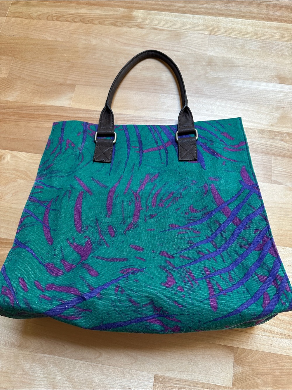 Express Teal Canvas Purse with Purple Print and Dark Brown Handles
